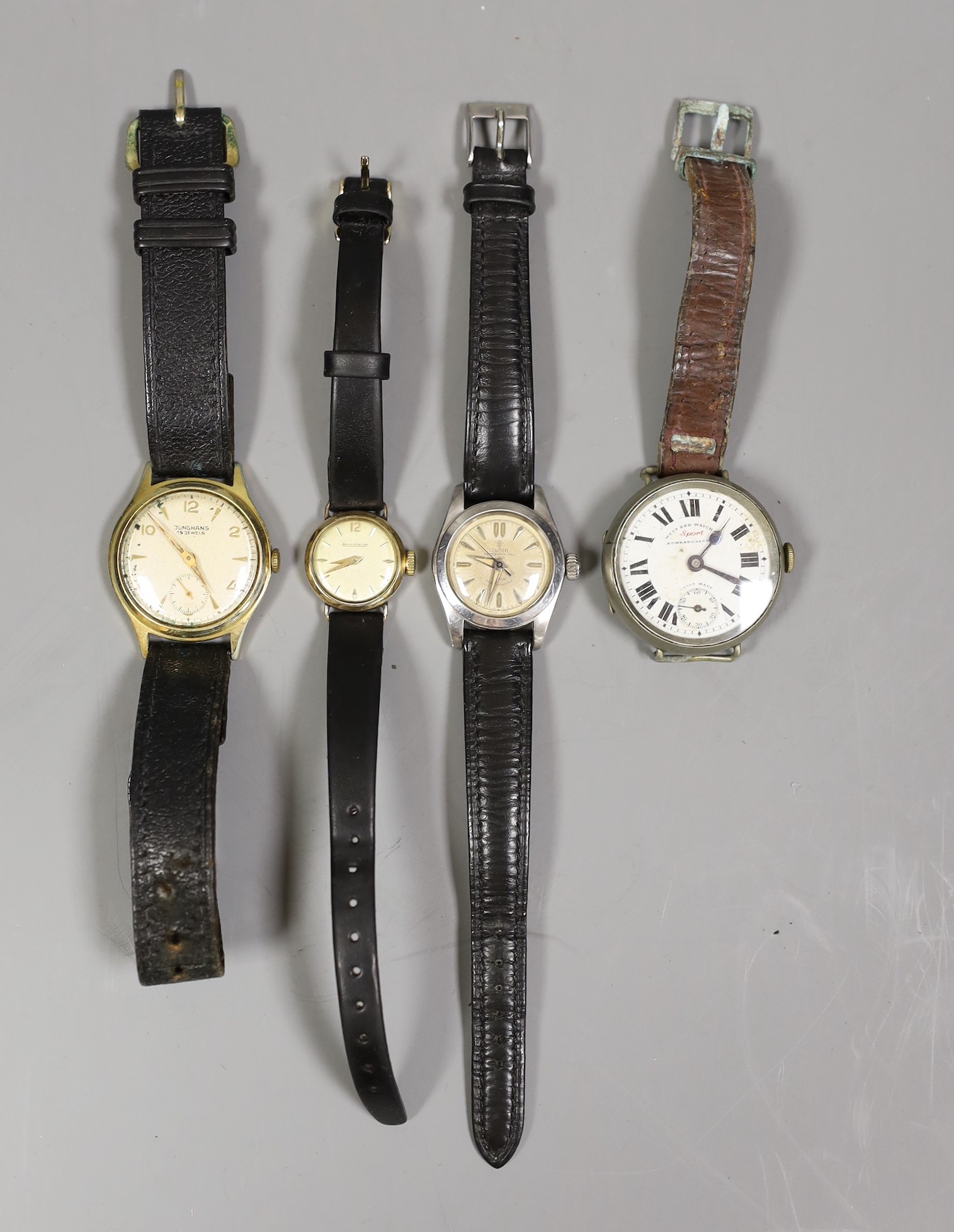 A lady's stainless steel Tudor Oyster Princess self-winding wrist watch, a lady's 9ct gold Jaeger LeCoultre manual wind wrist watch and two other watches.